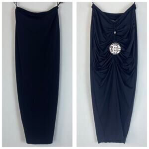 Misha Collection Ruched Back Midi Skirt Medium Slit Black Jersey Whimsigoth NWT